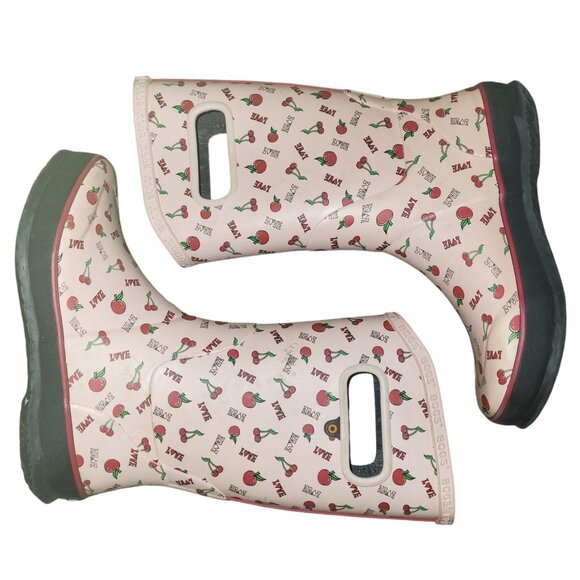 Bogs Youth K RNBT Cherry Love Pink Red Waterproof Pull-On Rubber Boots Size 4 - Picture 2 of 16